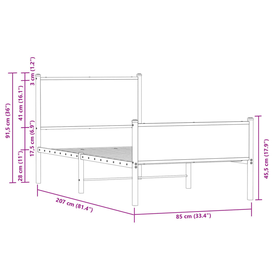 Bedframe hoofd- en voeteneinde metaal bruin eiken 80x200 cm