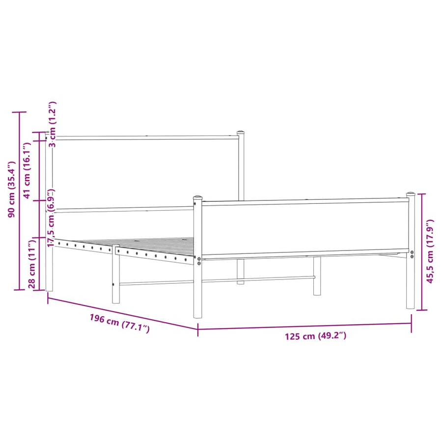 Bedframe hoofd- en voeteneinde metaal bruin eiken 120x190 cm