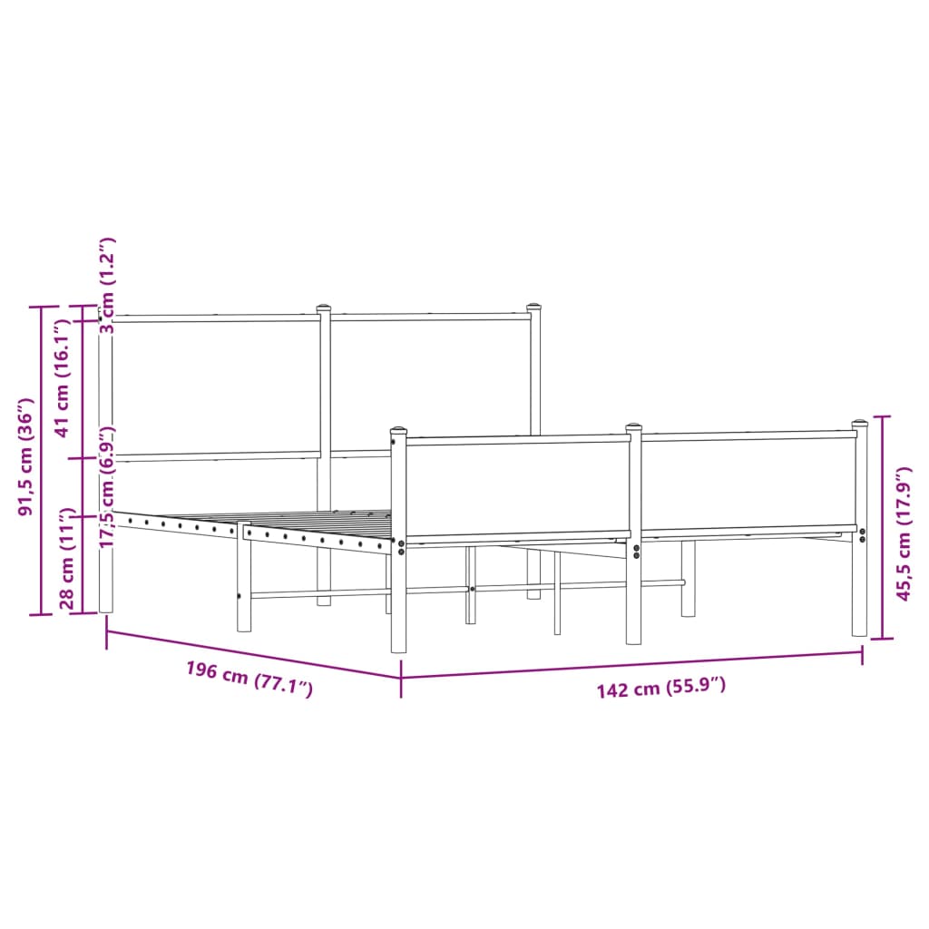 Bedframe hoofd- en voeteneinde metaal bruin eiken 137x190 cm