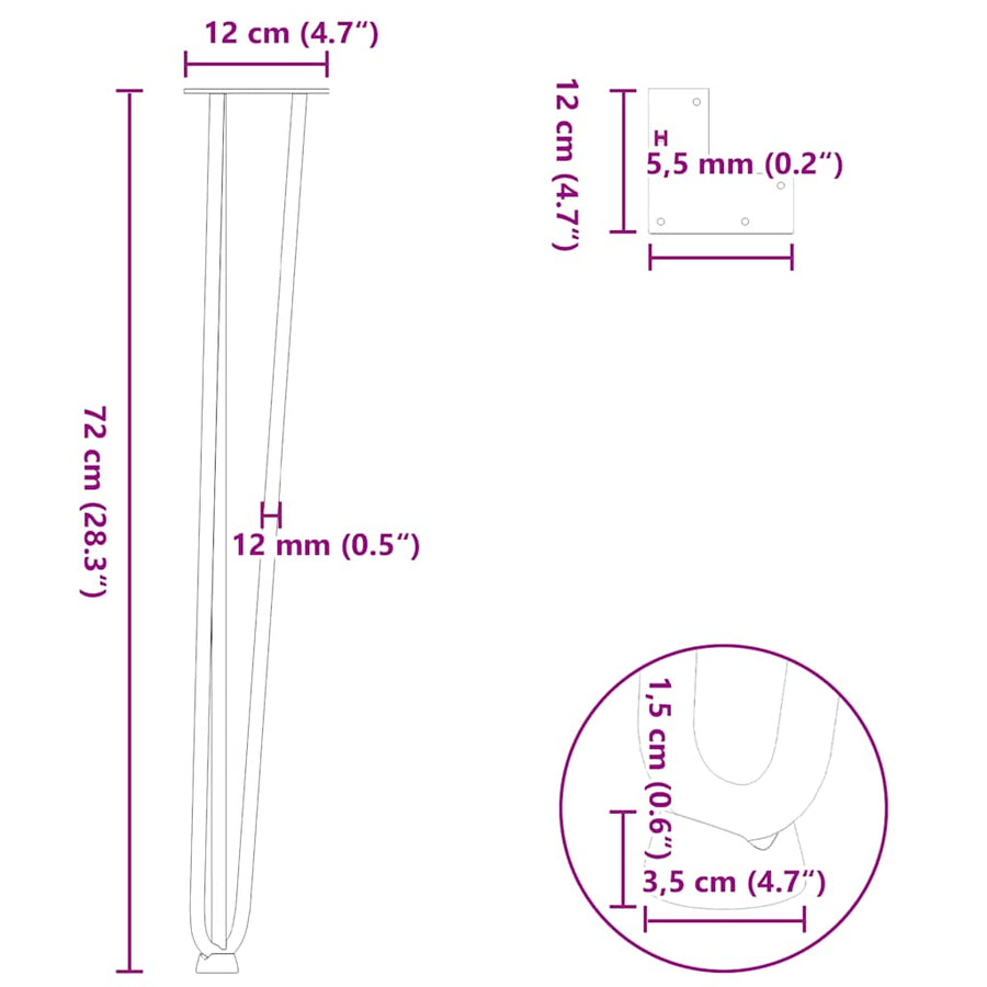 Haarspeld tafelpoten 4 st 72 cm massief staal naturel