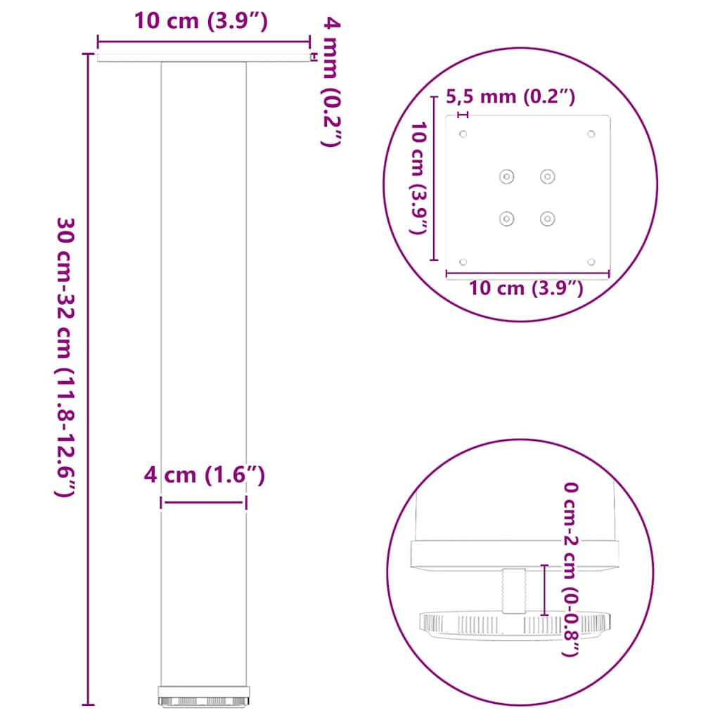 Salontafelpoten 4 st 30-32 cm staal naturel