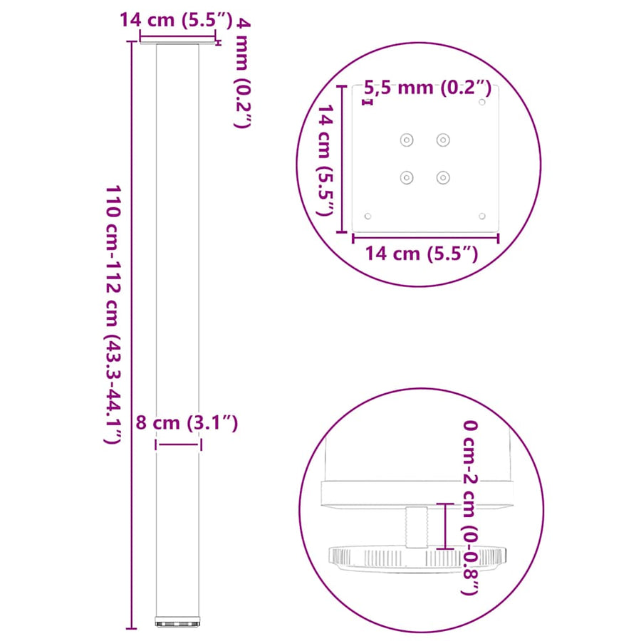 Salontafelpoten 4 st 110-112 cm staal wit