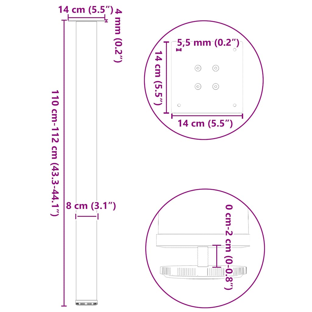 Salontafelpoten 4 st 110-112 cm staal antraciet
