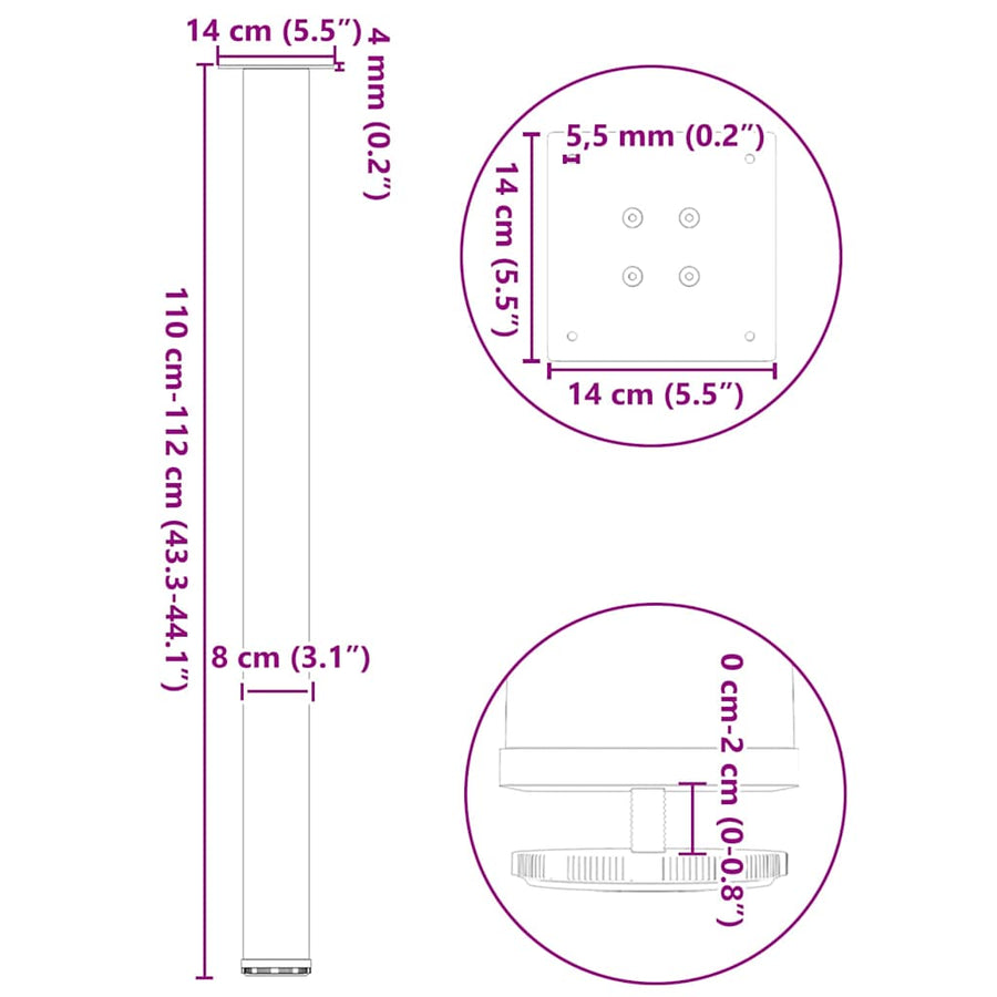 Salontafelpoten 4 st 110-112 cm staal antraciet