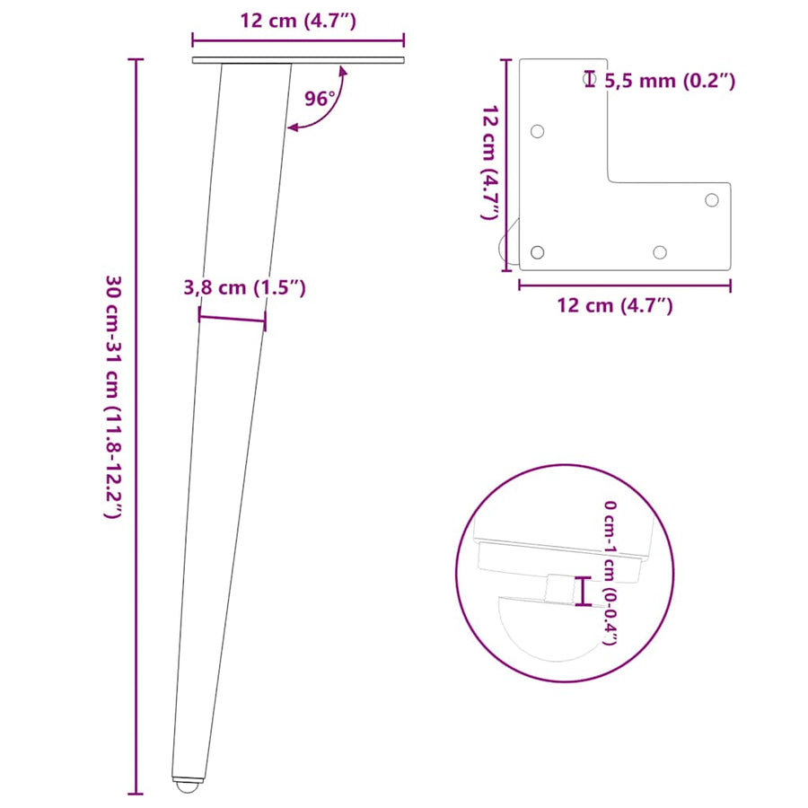 Salontafelpoten conische vorm 4 st 30-31 cm staal antraciet