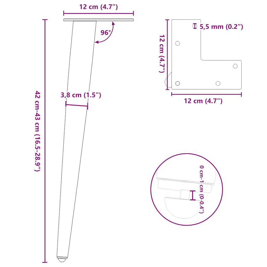 Salontafelpoten conische vorm 4 st 42-43 cm staal wit