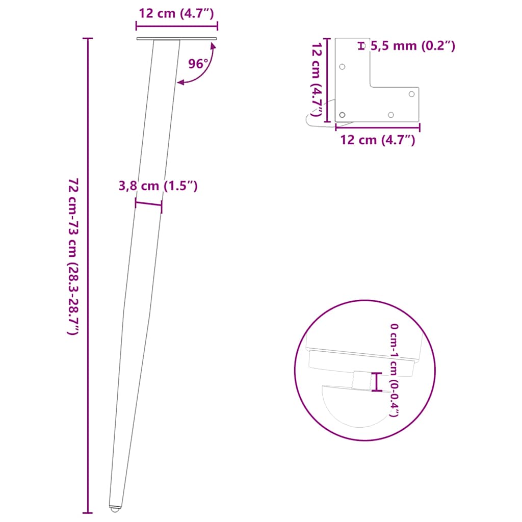 Salontafelpoten conische vorm 4 st 72-73 cm staal antraciet
