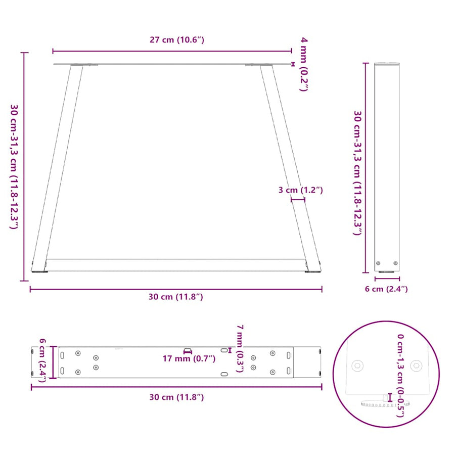 Eettafelpoten 2 st V-vormig 30x(30-31,3) cm staal zwart