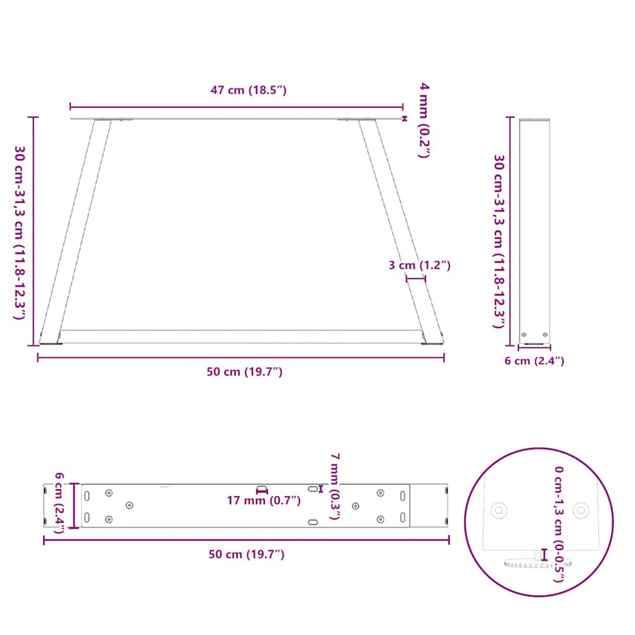 Eettafelpoten 2 st V-vormig 50x(30-31,3) cm staal zwart