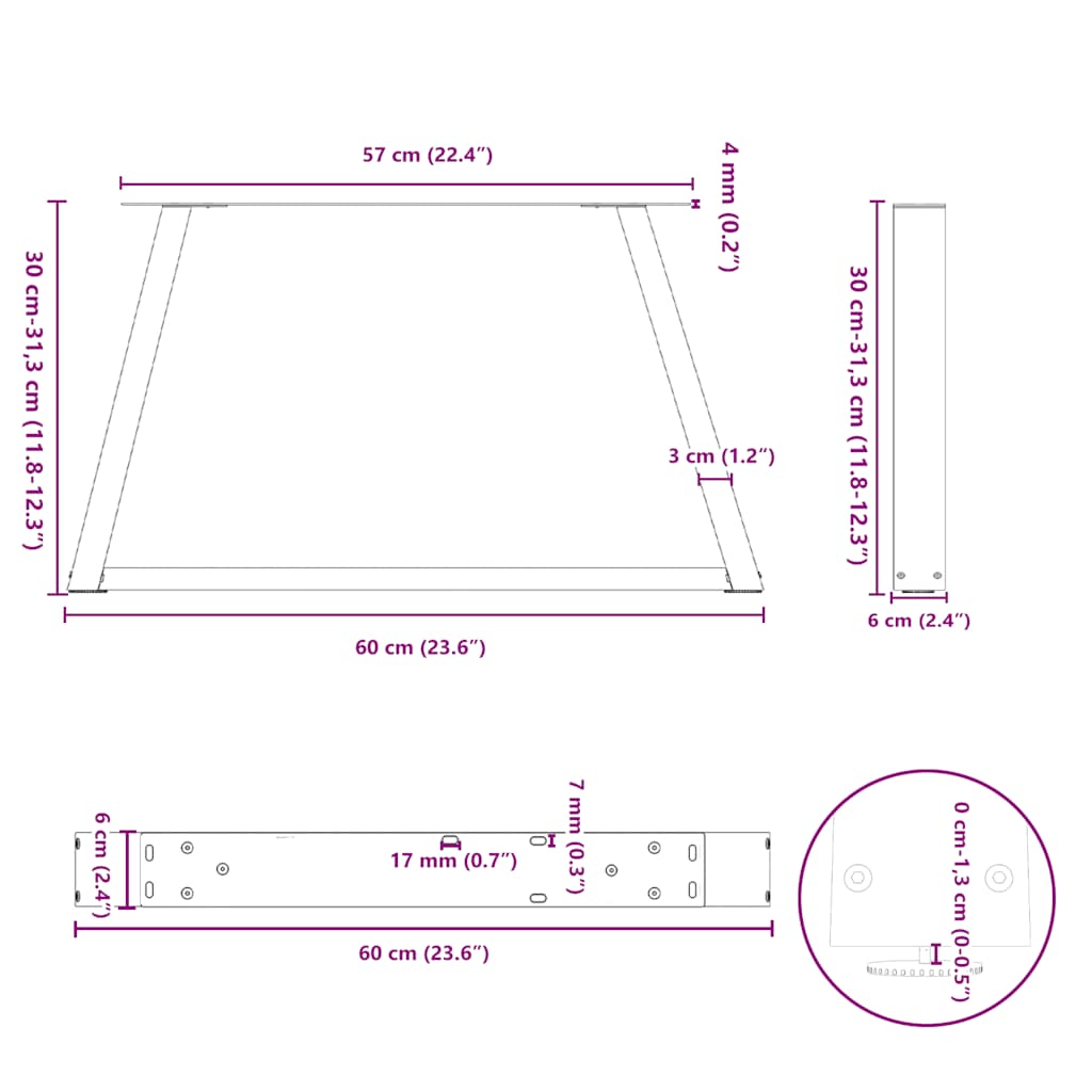 Eettafelpoten 2 st V-vormig 60x(30-31,3) cm staal zwart