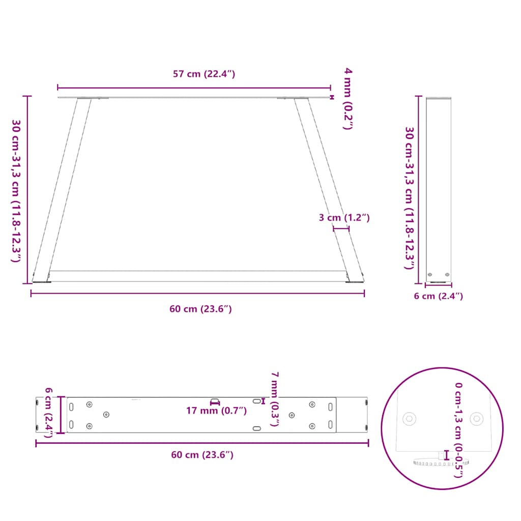 Eettafelpoten 2 st V-vormig 60x(30-31,3) cm staal naturel