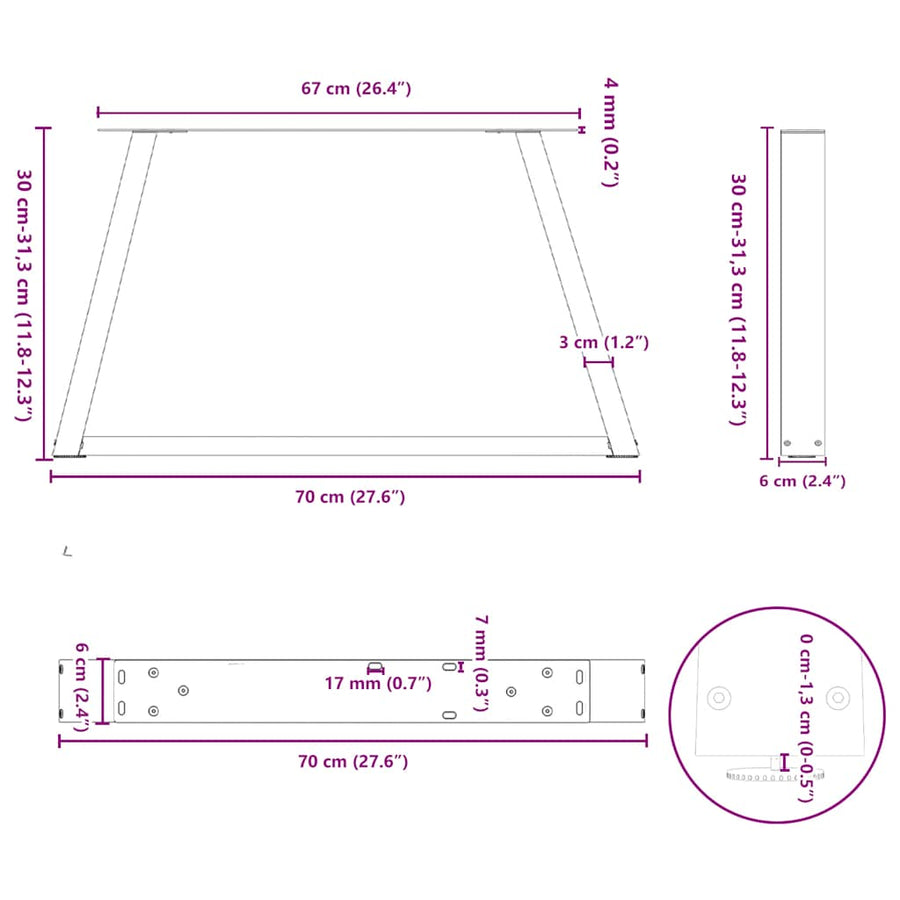 Eettafelpoten 2 st V-vormig 70x(30-31,3) cm staal antraciet