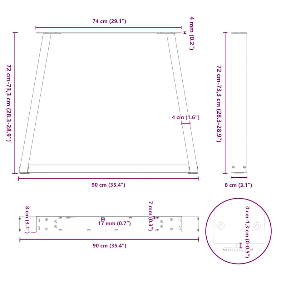 Eettafelpoten 3 st V-vormig 90x(72-73,3) cm staal zwart