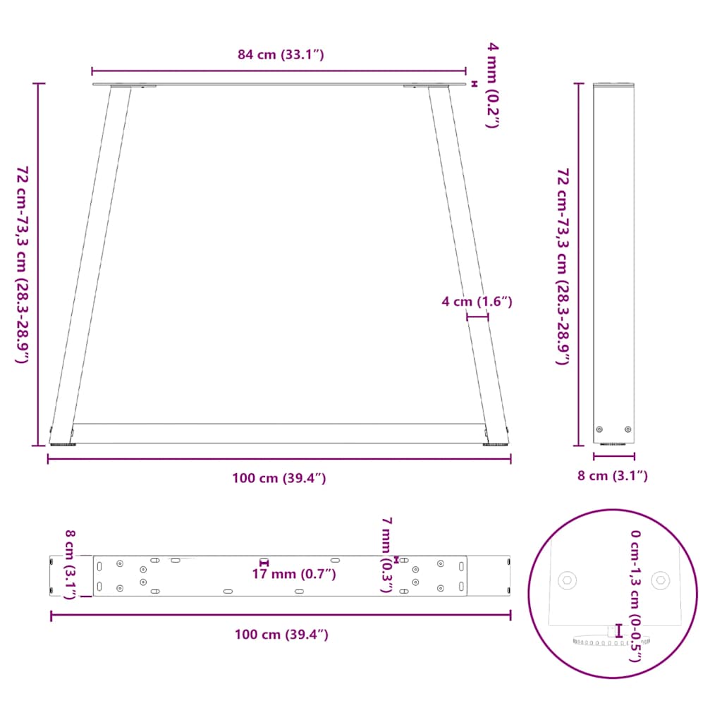 Eettafelpoten 3 st V-vormig 100x(72-73,3) cm staal zwart