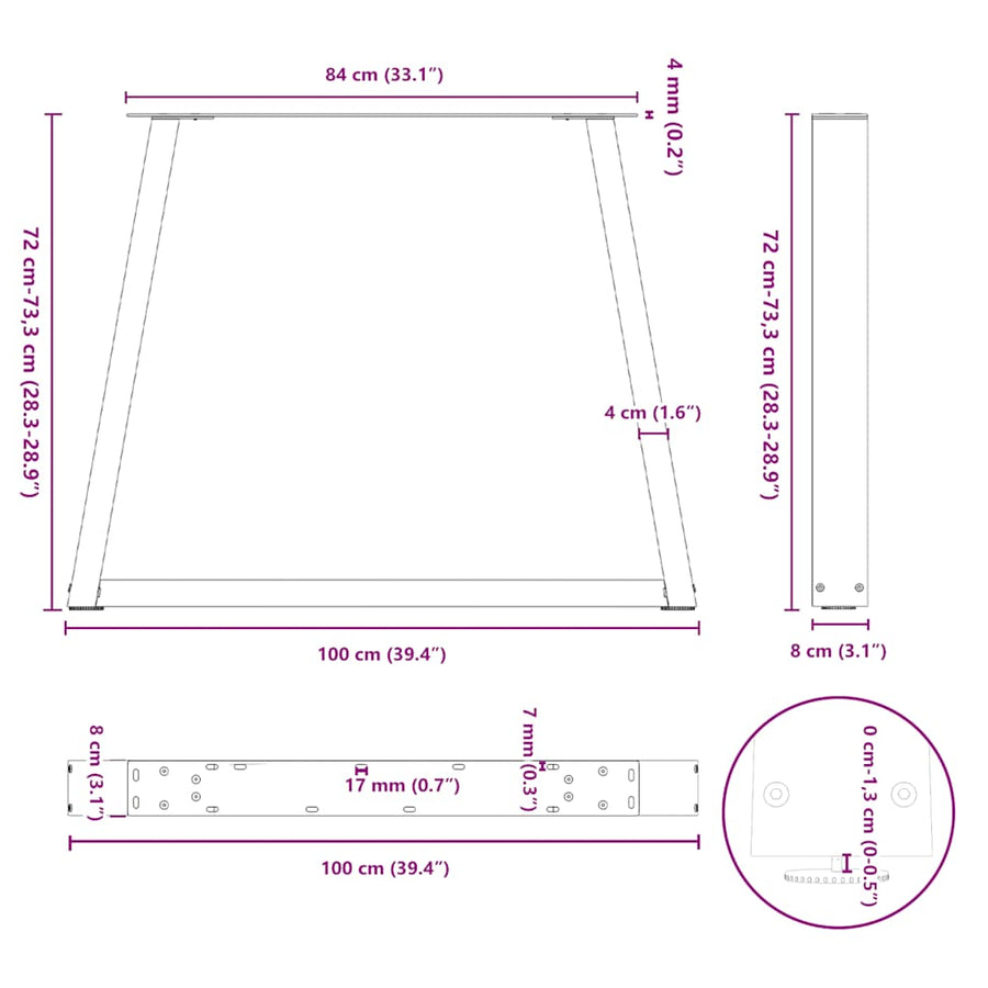 Eettafelpoten 3 st V-vormig 100x(72-73,3) cm staal antraciet