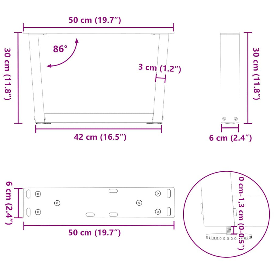 Eettafelpoten 2 st V-vormig 50x(30-31,3) cm staal zwart