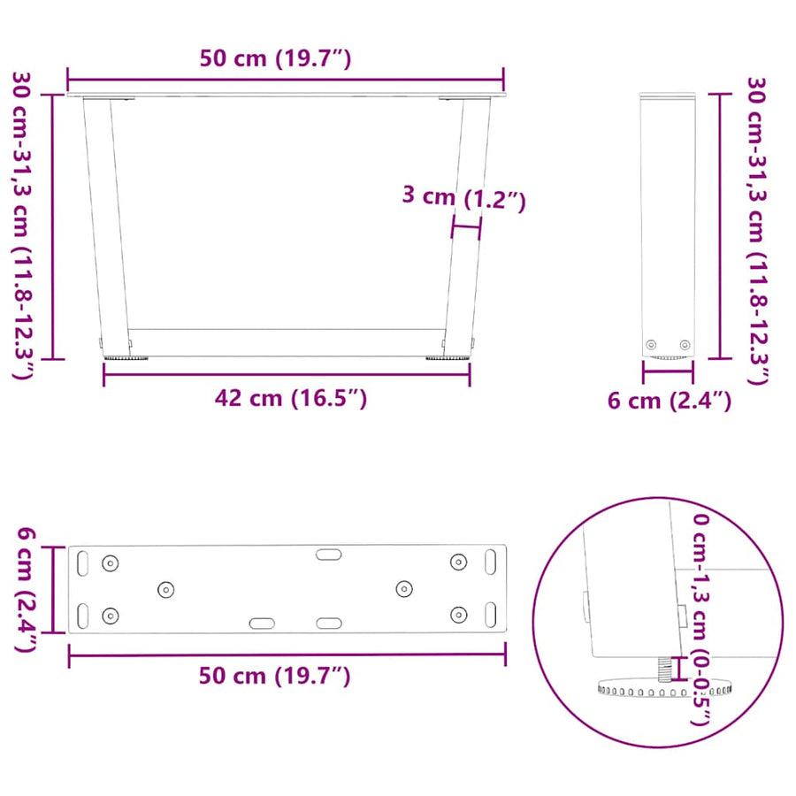 Eettafelpoten 2 st V-vormig 50x(30-31,3) cm staal antraciet