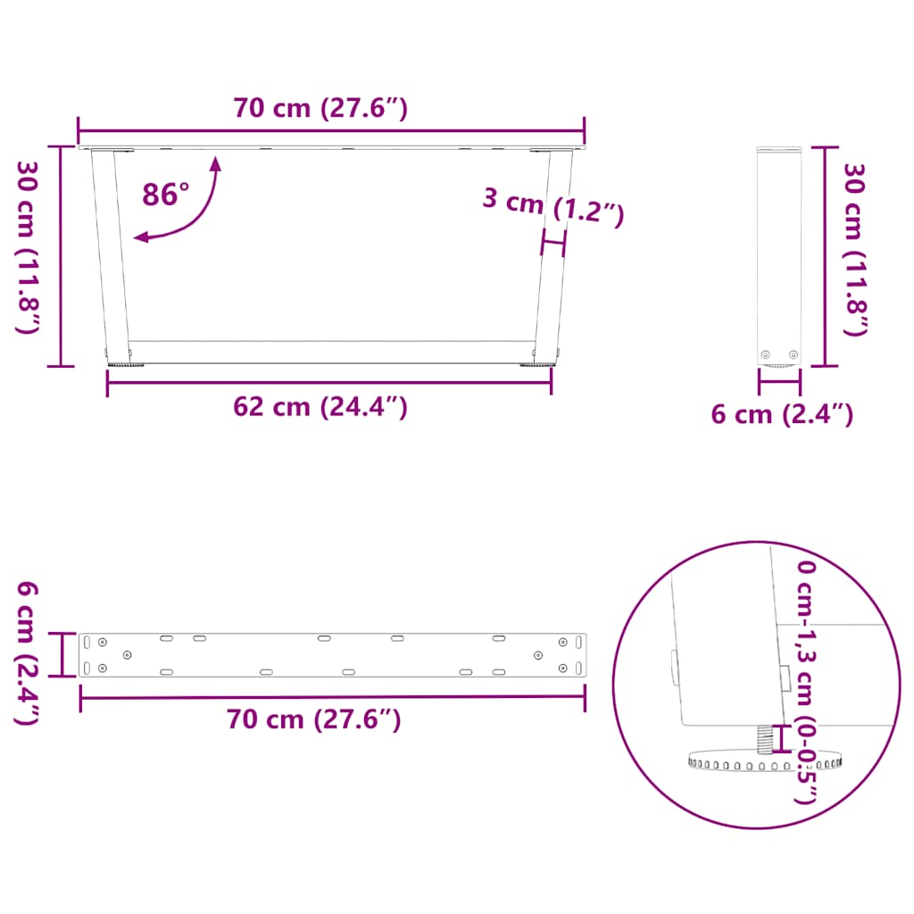 Eettafelpoten 2 st V-vormig 70x(30-31,3) cm staal wit