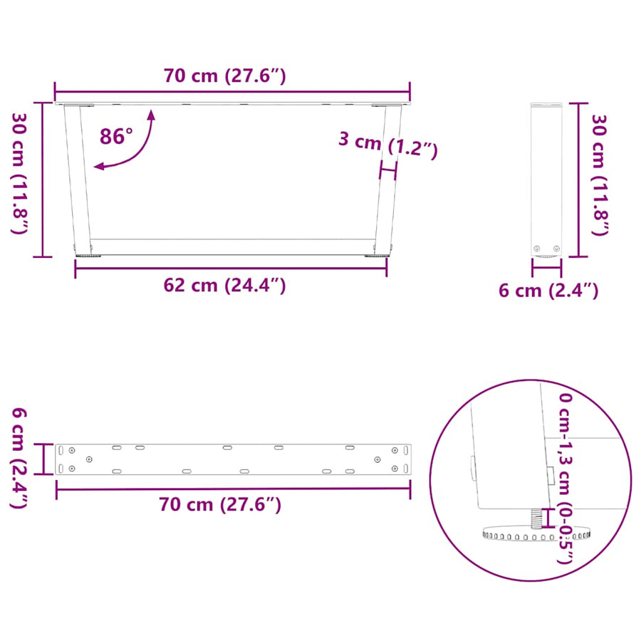 Eettafelpoten 2 st V-vormig 70x(30-31,3) cm staal antraciet