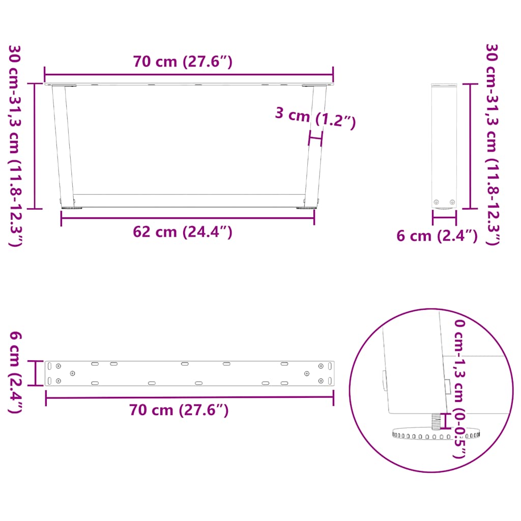 Eettafelpoten 2 st V-vormig 70x(30-31,3) cm staal naturel