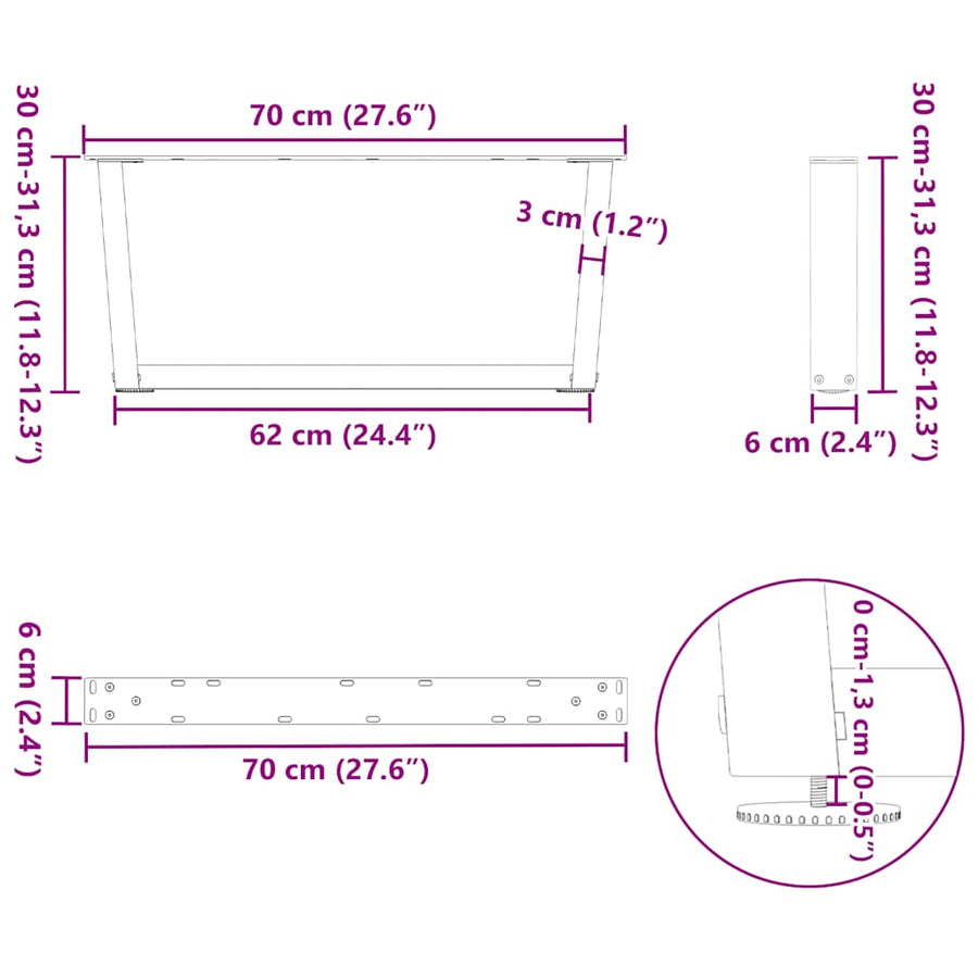 Eettafelpoten 2 st V-vormig 70x(30-31,3) cm staal naturel