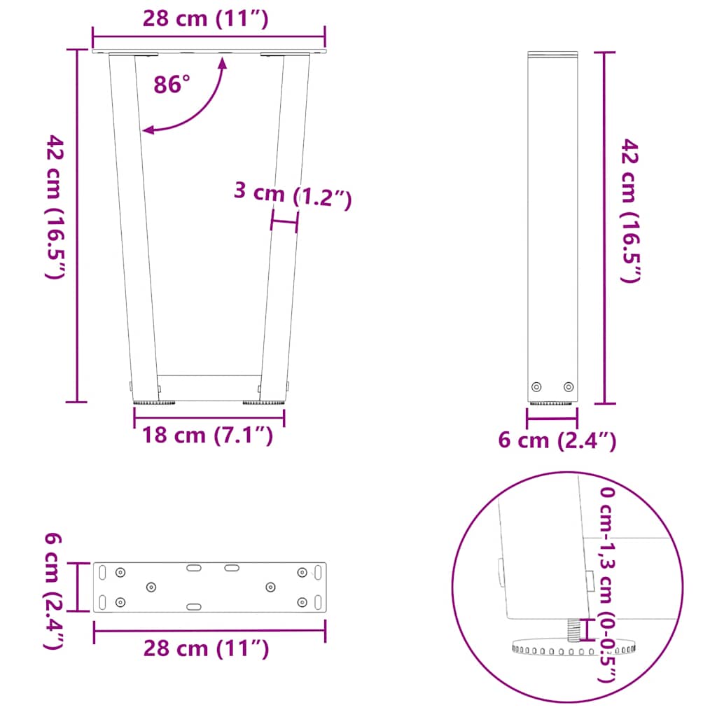 Eettafelpoten 2 st V-vormig 28x(42-43,3) cm staal zwart
