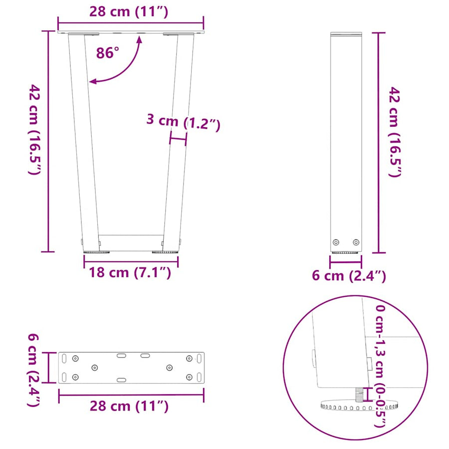 Eettafelpoten 2 st V-vormig 28x(42-43,3) cm staal zwart