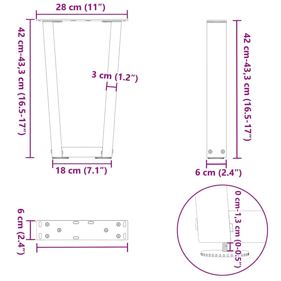 Eettafelpoten 2 st V-vormig 28x(42-43,3) cm staal antraciet