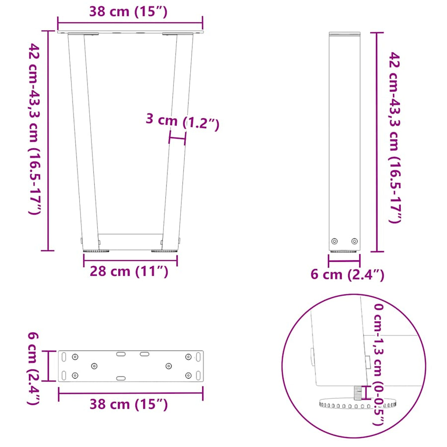 Eettafelpoten 2 st V-vormig 38x(42-43,3) cm staal zwart