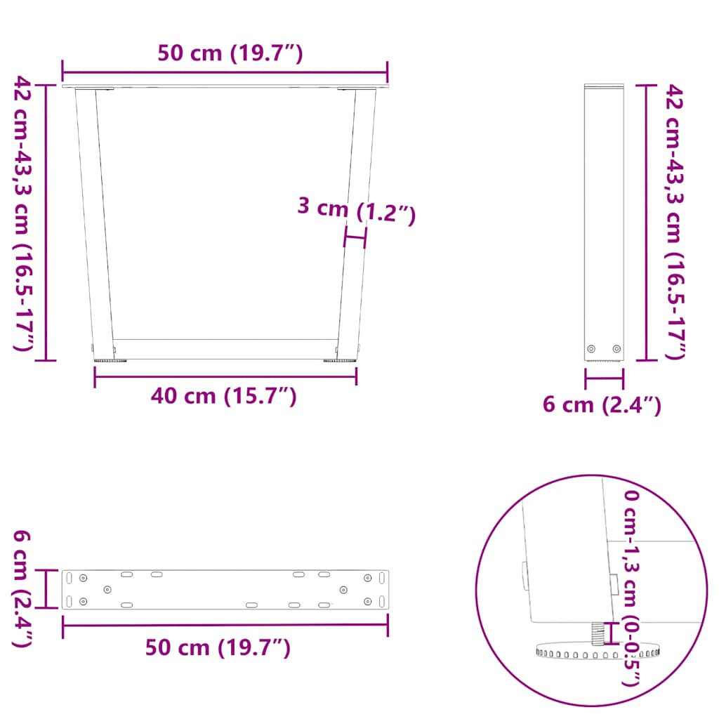 Eettafelpoten 2 st V-vormig 50x(42-43,3) cm staal zwart