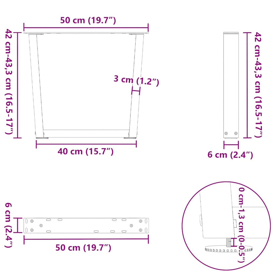 Eettafelpoten 2 st V-vormig 50x(42-43,3) cm staal zwart