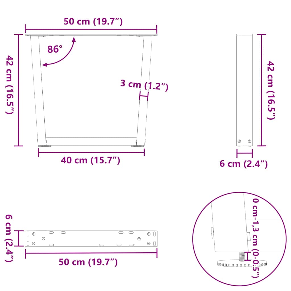 Eettafelpoten 2 st V-vormig 50x(42-43,3) cm staal naturel