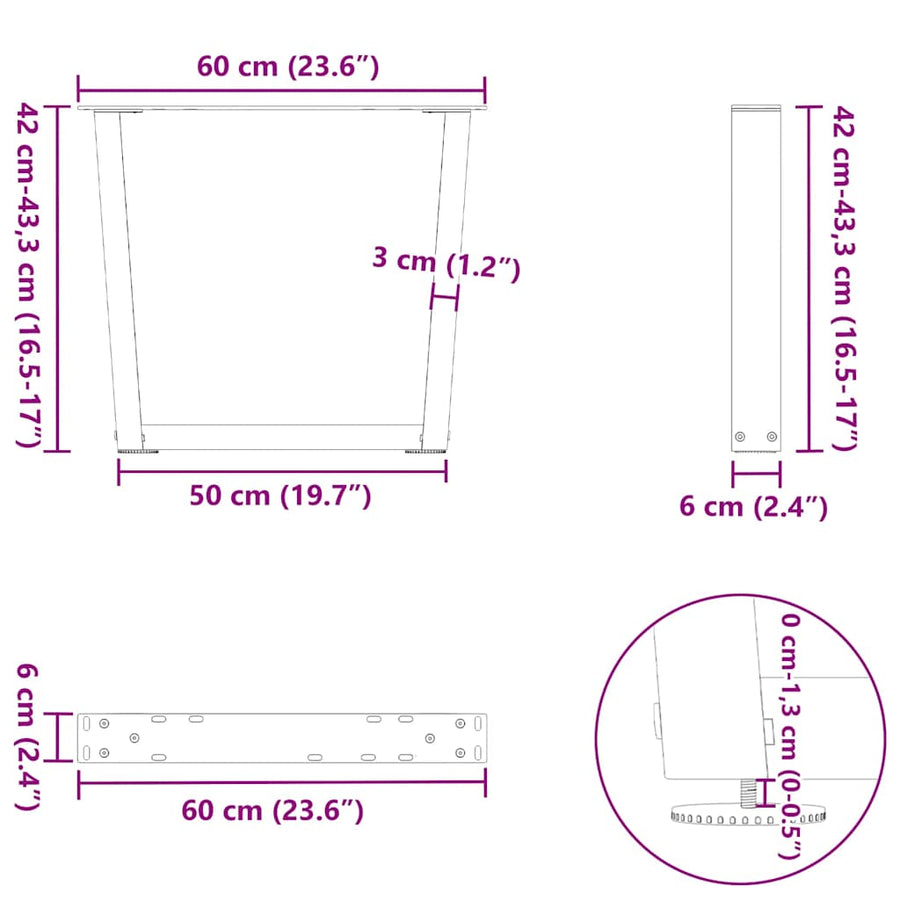Eettafelpoten 2 st V-vormig 60x(42-43,3) cm staal zwart