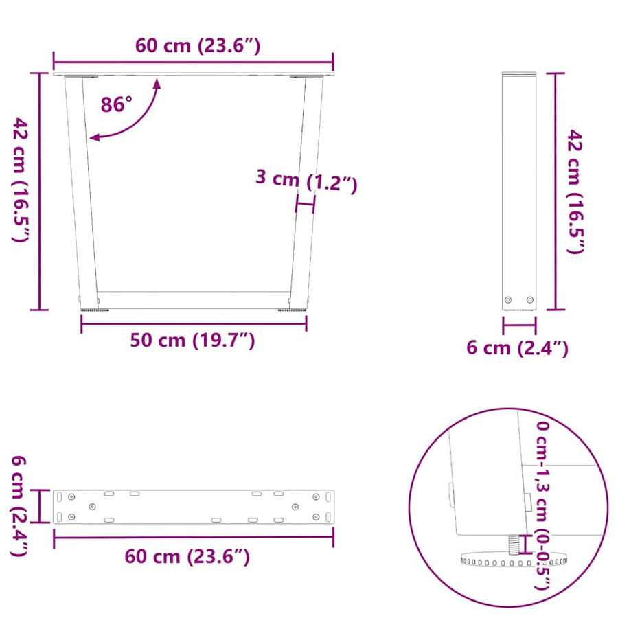Eettafelpoten 2 st V-vormig 60x(42-43,3) cm staal antraciet