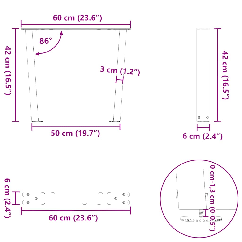Eettafelpoten 2 st V-vormig 60x(42-43,3) cm staal naturel