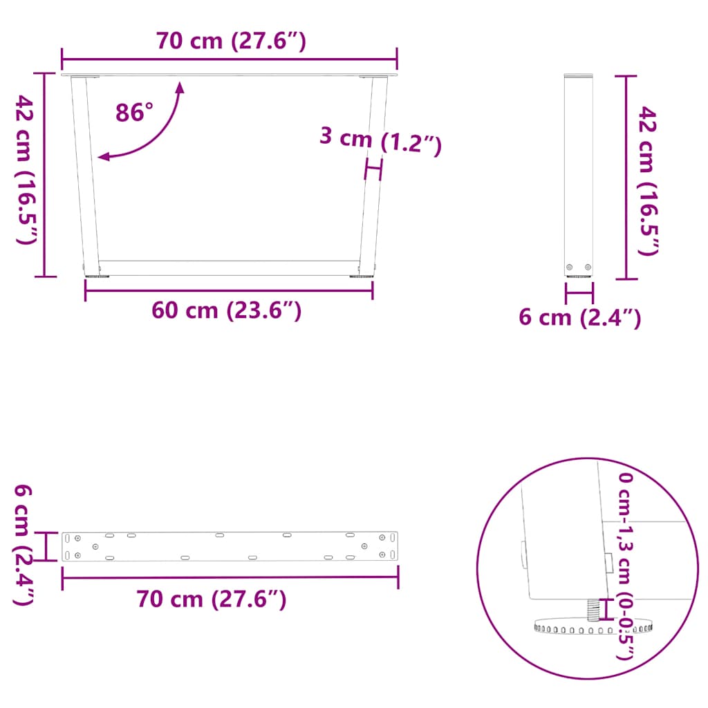 Eettafelpoten 2 st V-vormig 70x(42-43,3) cm staal zwart