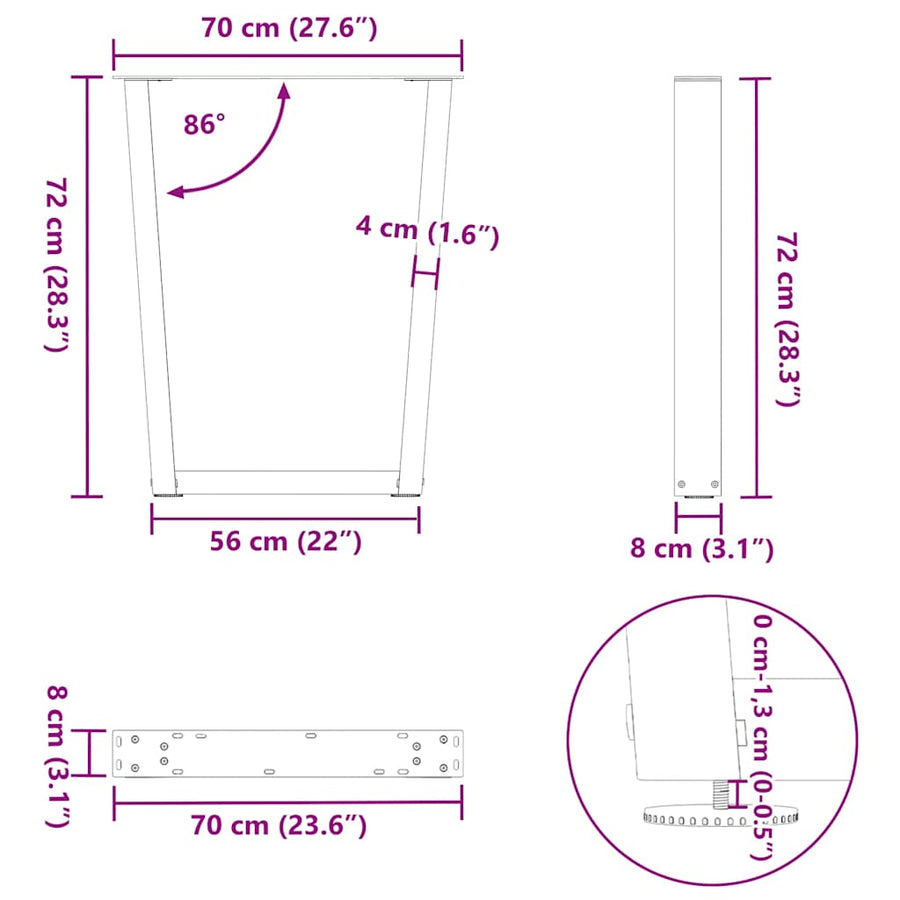Eettafelpoten 2 st V-vormig 70x(72-73,3) cm staal antraciet