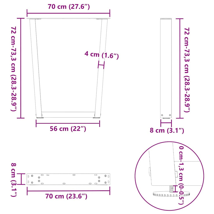 Eettafelpoten 2 st V-vormig 70x(72-73,3) cm staal naturel
