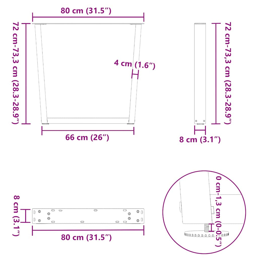 Eettafelpoten 2 st V-vormig 80x(72-73,3) cm staal antraciet