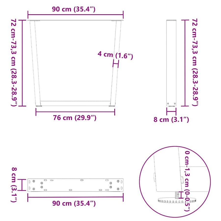 Eettafelpoten 2 st V-vormig 90x(72-73,3) cm staal wit