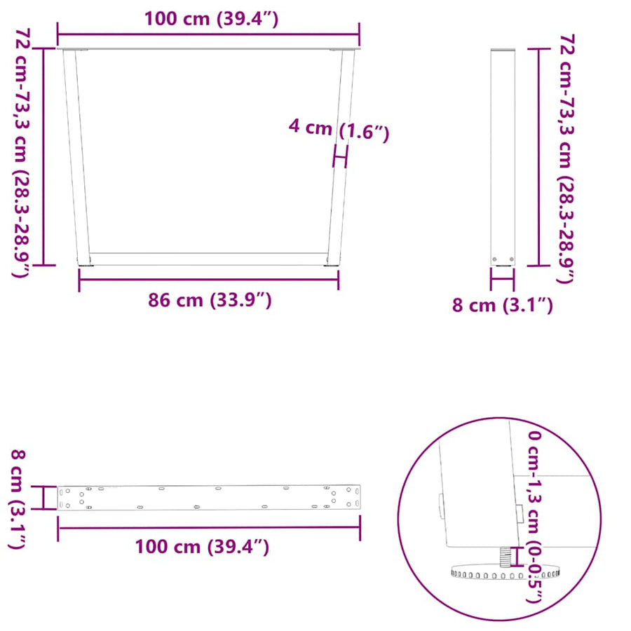 Eettafelpoten 2 st V-vormig 100x(72-73,3) cm staal zwart