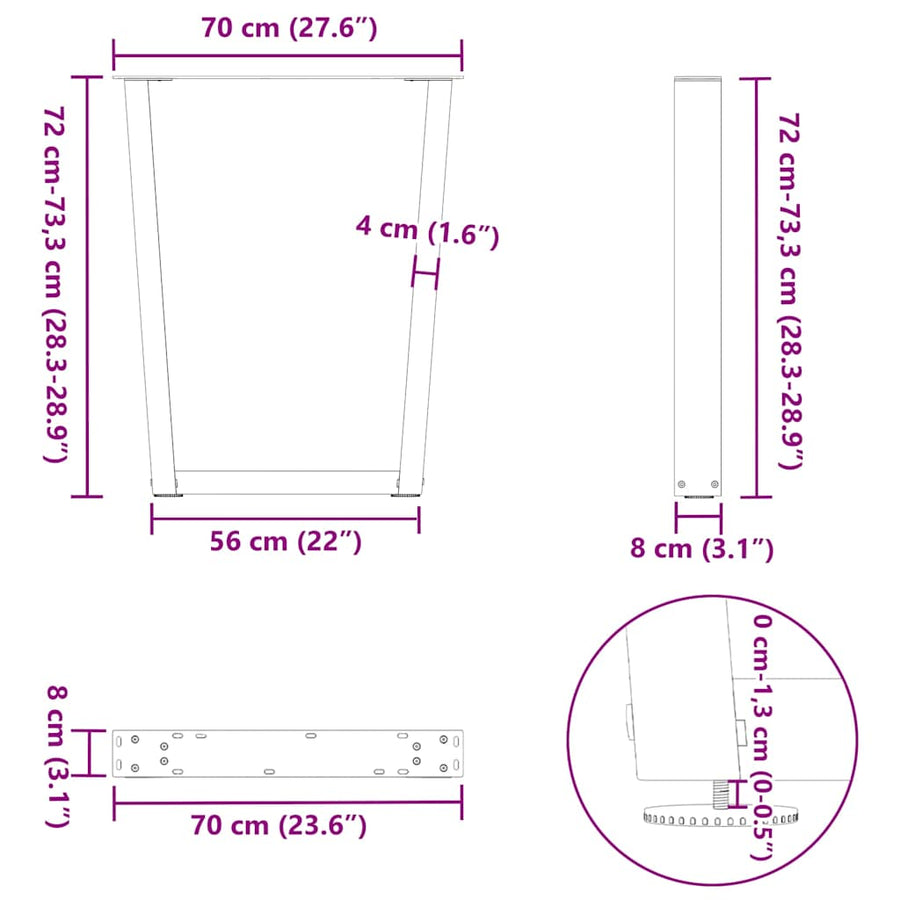 Eettafelpoten 3 st V-vormig 70x(72-73,3) cm staal zwart
