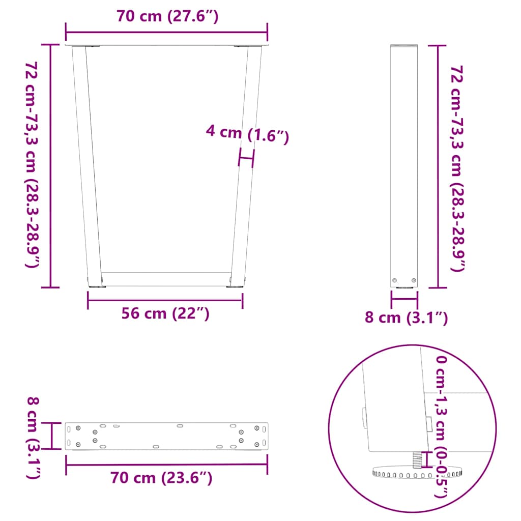 Eettafelpoten 3 st V-vormig 70x(72-73,3) cm staal antraciet