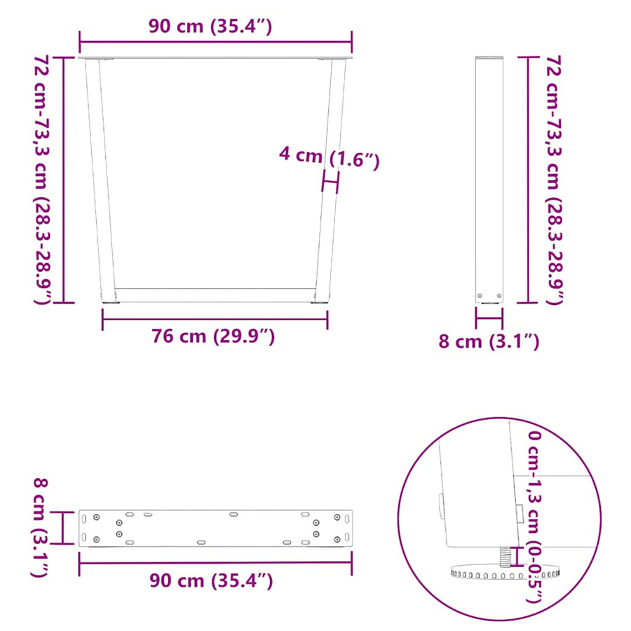 Eettafelpoten 3 st V-vormig 90x(72-73,3) cm staal zwart