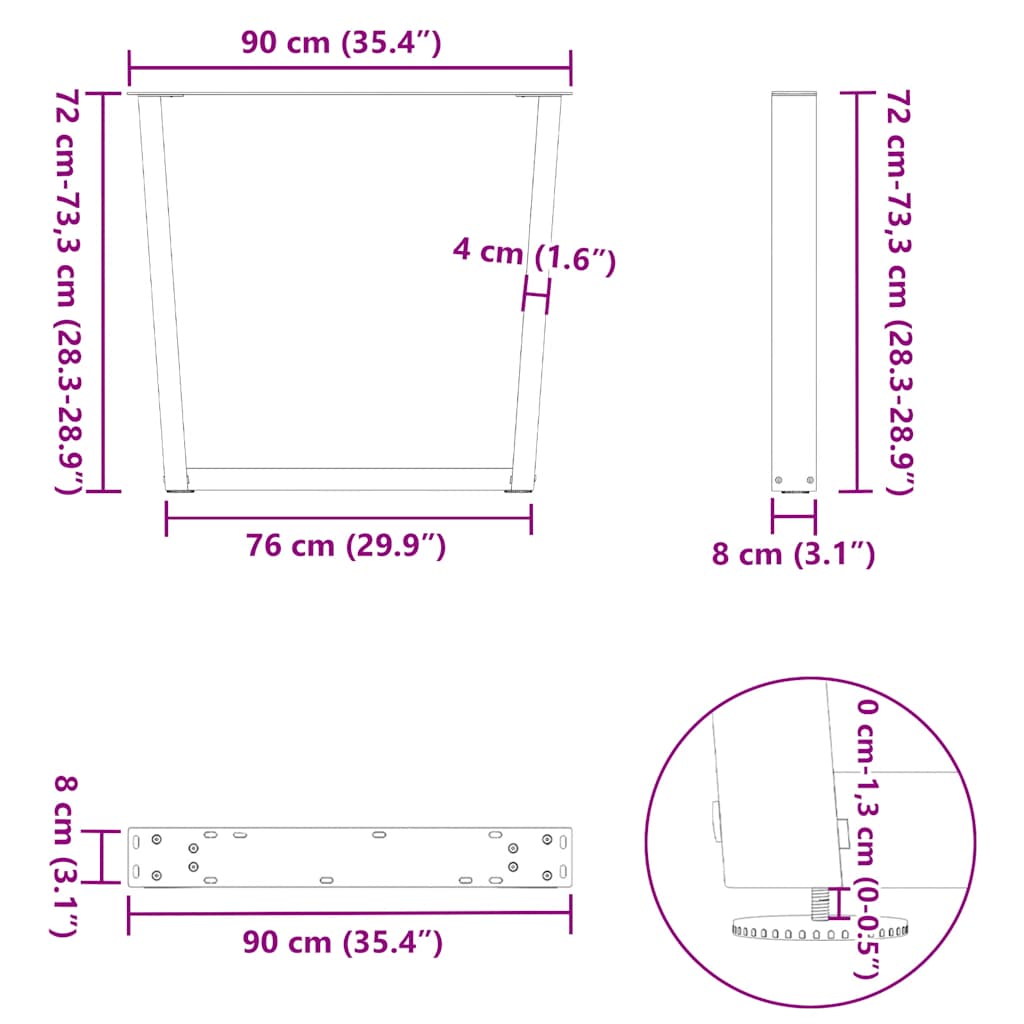 Eettafelpoten 3 st V-vormig 90x(72-73,3) cm staal naturel