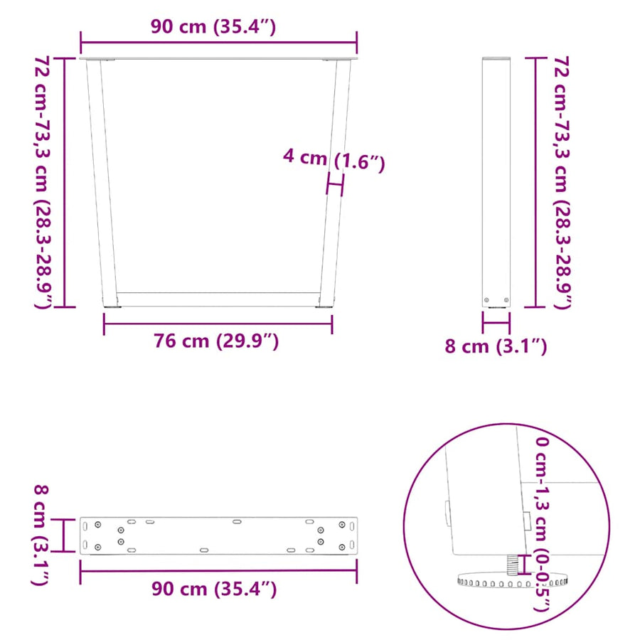 Eettafelpoten 3 st V-vormig 90x(72-73,3) cm staal naturel
