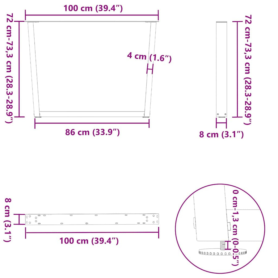 Eettafelpoten 3 st V-vormig 100x(72-73,3) cm staal zwart