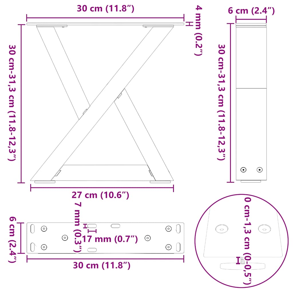 Salontafelpoten 2 st 30x(30-31,3) cm staal zwart
