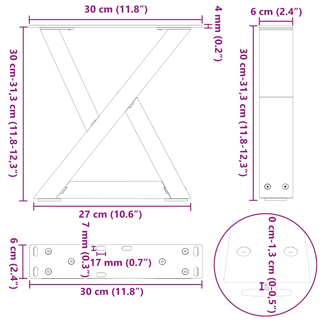 Salontafelpoten 2 st 30x(30-31,3) cm staal antraciet