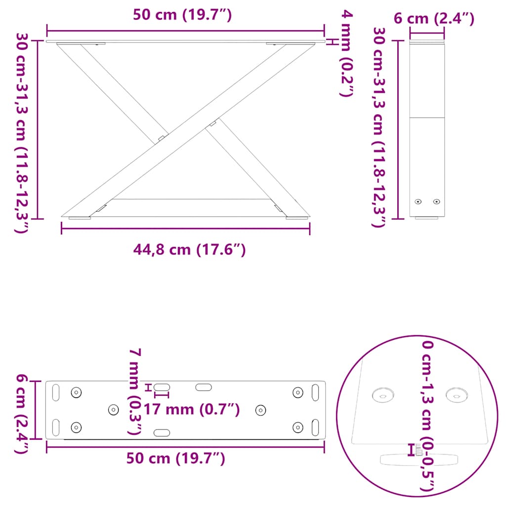 Salontafelpoten 2 st 50x(30-31,3) cm staal naturel